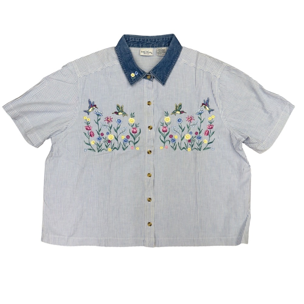 Vintage Embroidered Hummingbird Floral Short Sleeve Shirt Pinstripe Denim Collar